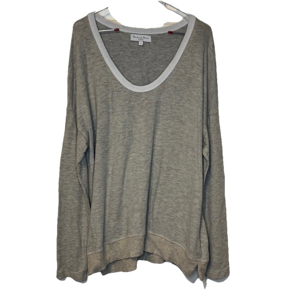 Michael Stars Women's Top V-Neck‎ Long Sleeve Knit Loose Fit Stretch Gray Large